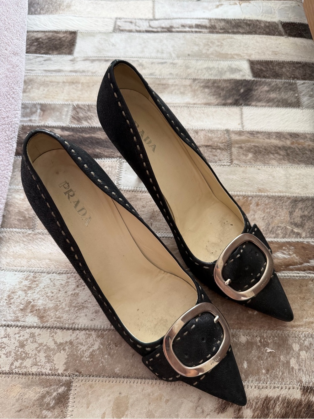 Prada Logo Pointed Toe Buckle Pumps with Silver Accent